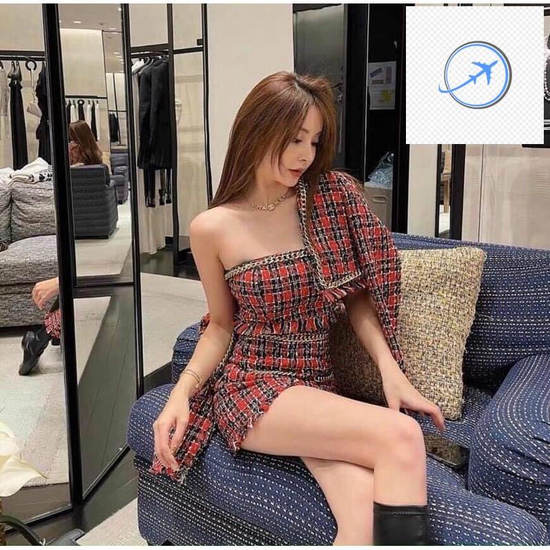 🐨🐖 Set bố dạ 3 món tone caro đỏ tay dài: khoác crop bố + áo ống bố trong + chân váy bố 🐨🐖