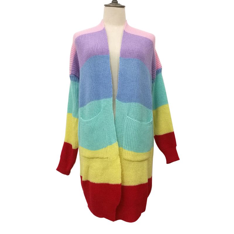 Áo Khoác Cardigan Dài Tay Phối Sọc Cầu Vồng Plus Size Thời Trang Mùa Thu Dành Cho Nữ