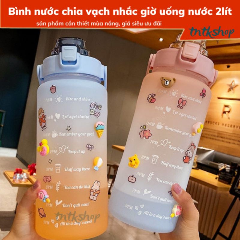 Bình nước chia vạch 2 lít  kèm ống hút, bình nước chia vạch nhắc giờ uống nước - tặng sticker 3D