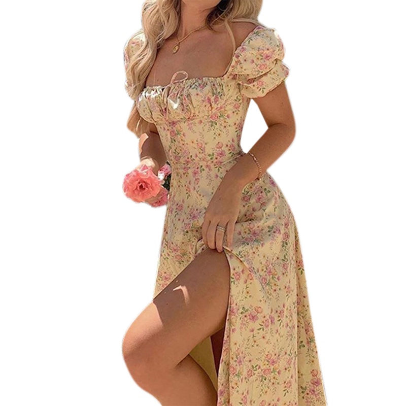 Đầm Midi Dáng Chữ A Tay Ngắn Cổ Vuông In Họa Tiết Hoa Phối Dây Cột Thời Trang Cổ Điển Quyến Rũ Cho Nữ