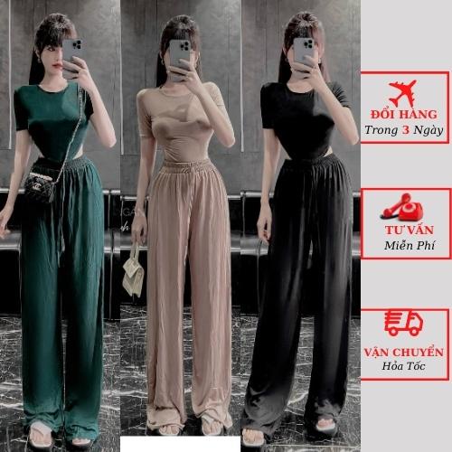 Set áo thun croptop nữ dáng ôm body kèm quần suông ống rộng đi biển ulzzang Hàn Quốc
