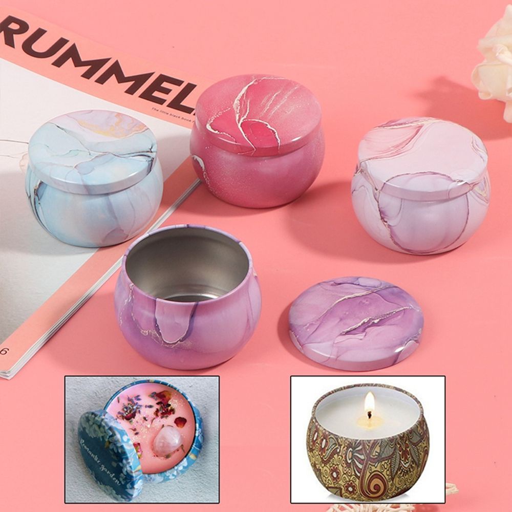 Hộp thiếc tròn đựng trà/ bánh kẹo họa tiết vân đá cẩm thạch nhiều màu sắc 2.2 Oz