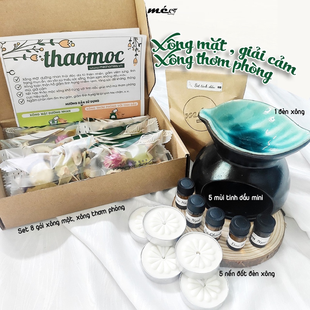 Combo Đèn xông tinh dầu +5 nến +5 chai tinh dầu và thảo mộc thiên nhiên xông thơm phòng thư giãn