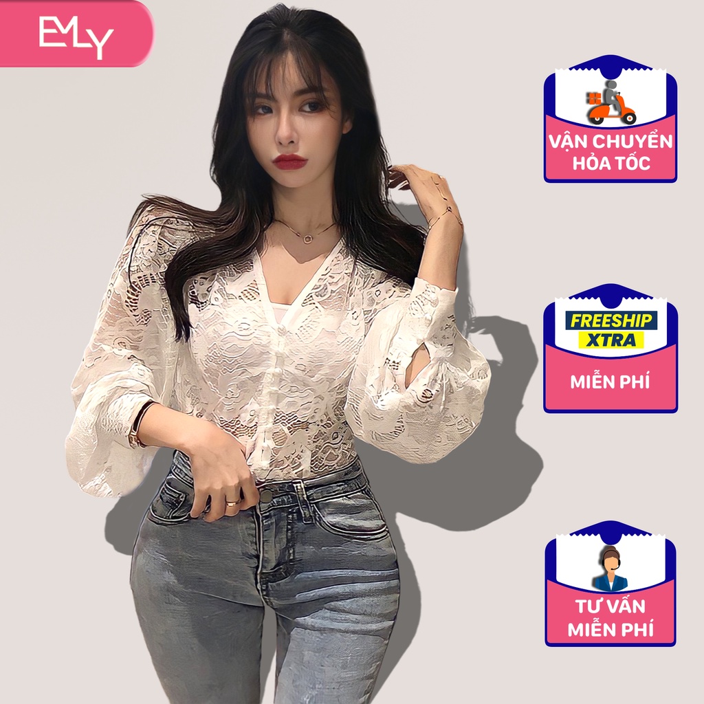 Áo sơ mi ren kiểu tay dài Emilyshop ulzzang