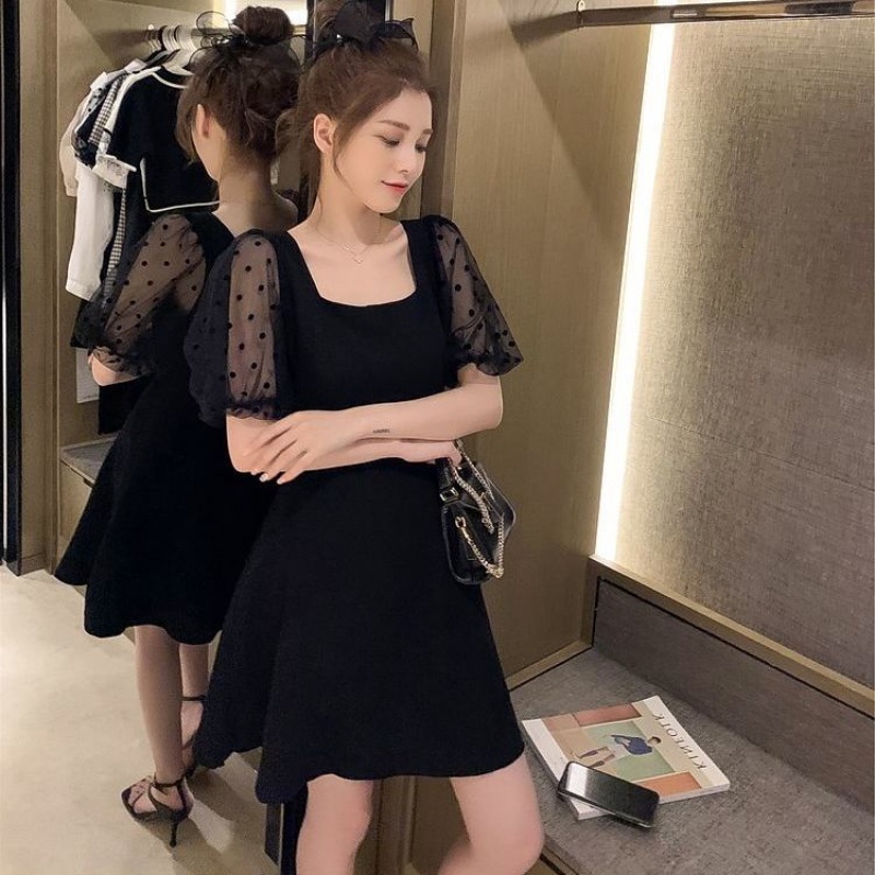 Large Size Women's Clothing Fat Sister Flab Hiding Black Dress2021Summer New Korean Style FatmmDress Slimming Lantern Sleeves