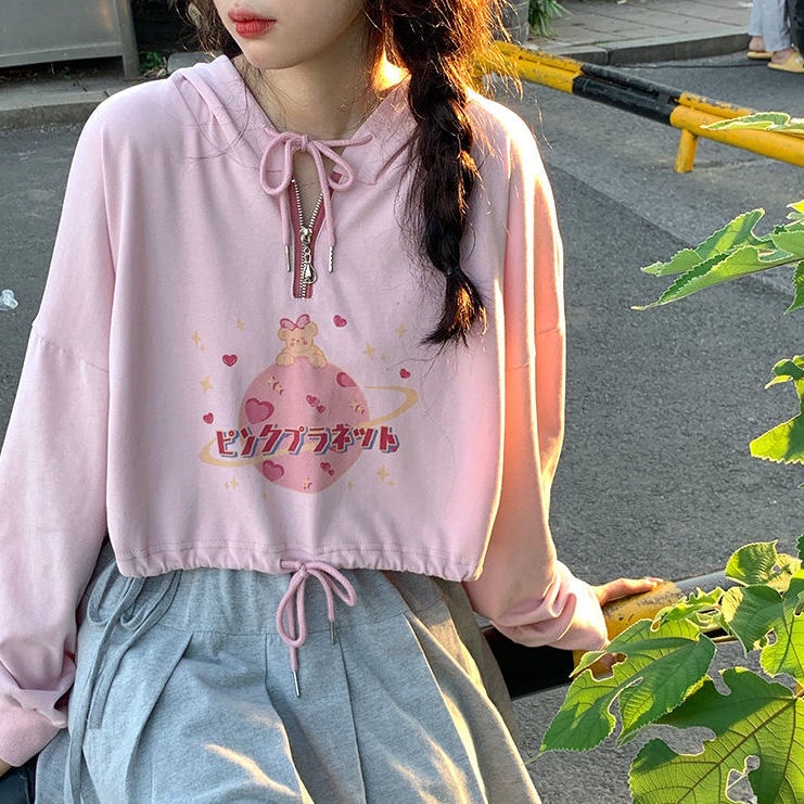 Jiashucheng Áo Hoodie Lửng Tay Dài Dáng Rộng In Hình Gấu Hoạt Hình Màu Hồng Thời Trang Mùa Thu Cho Nữ