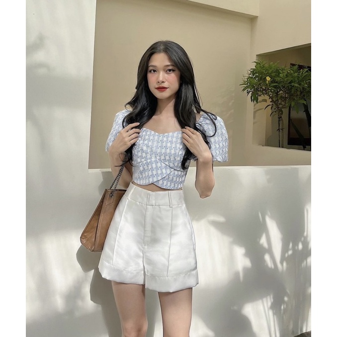 sẵn SET ÁO XANH HỒNG VÀNG CHÉO TÀ TAY BỒNG CROPTOP HOẠ TIẾT KẺ Ô + QUẦN SHORT ngắn TRẮNG