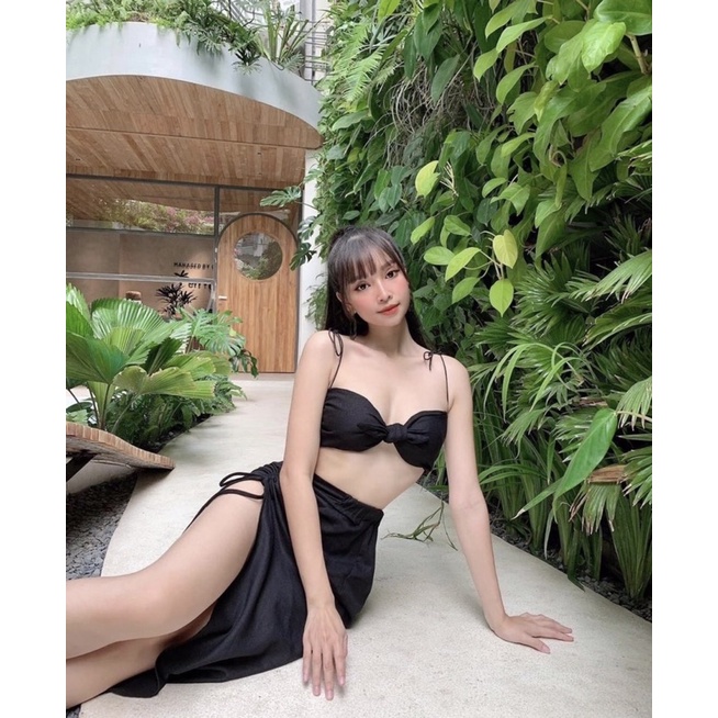 Bikini nữ đi biển 3 mảnh nơ ngực kèm chân váy dây rút 2 màu