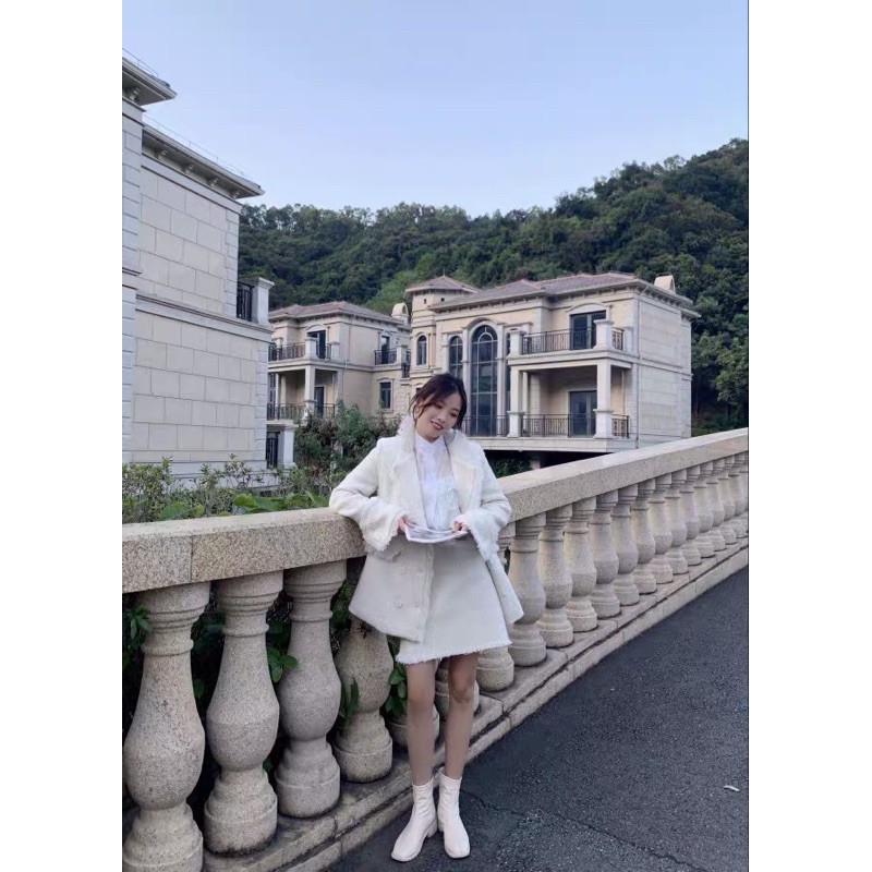 Set áo khoác vest dạ tweed và chân váy ngắn dạ tweed