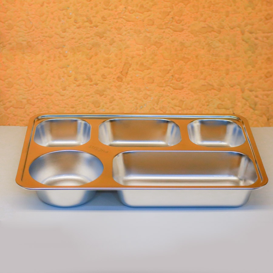 Khay ăn cơm inox 5 ngăn cỡ lớn 33x23x4cm, khay đựng cơm văn phòng loại sâu lòng