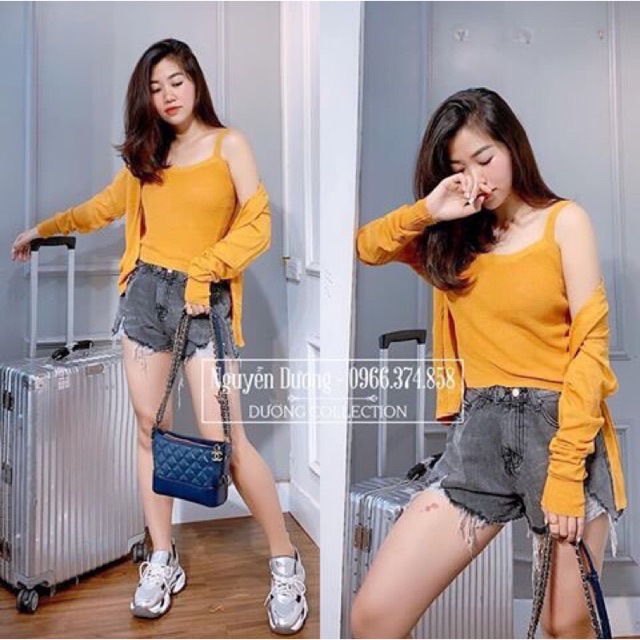 Áo khoác len caligan kèm áo hai dây len Quảng Châu