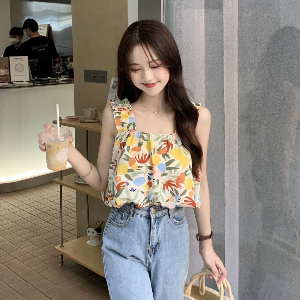 Áo Hai Dây Họa Tiết Hoa Thiết Kế Mỏng Xinh Xắn Thời Trang Dành Cho Nữ