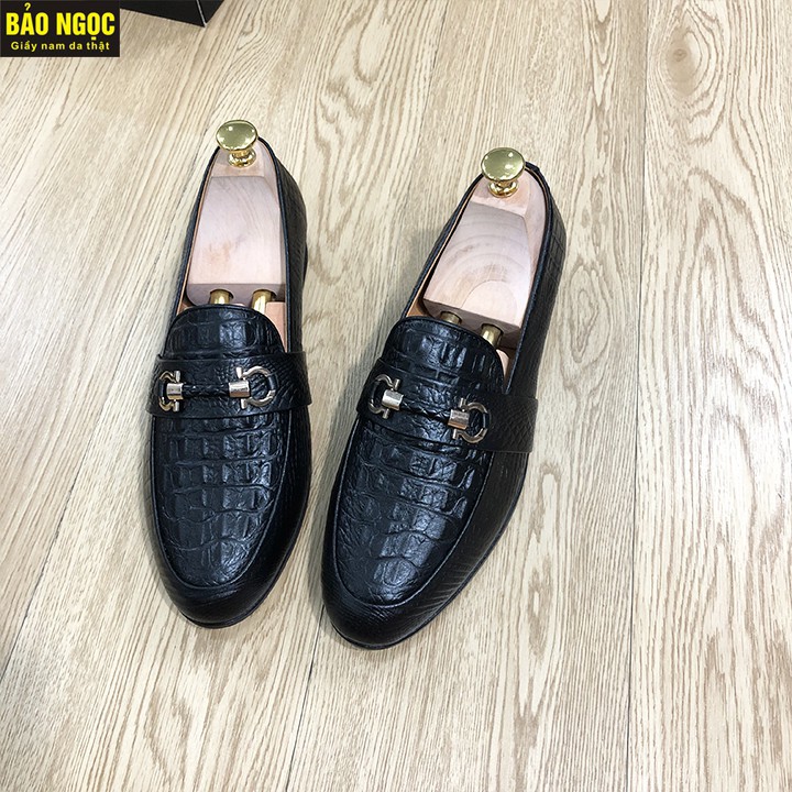 GIÀY LƯỜI IN CÁ SẤU BĂNG XÍCH CỰC CHẤT - GIẦY LƯỜI NAM DA BÒ 100% DẬP VÂN CÁ SẤU, ĐẾ CAO SU- MÃ K15 ĐEN