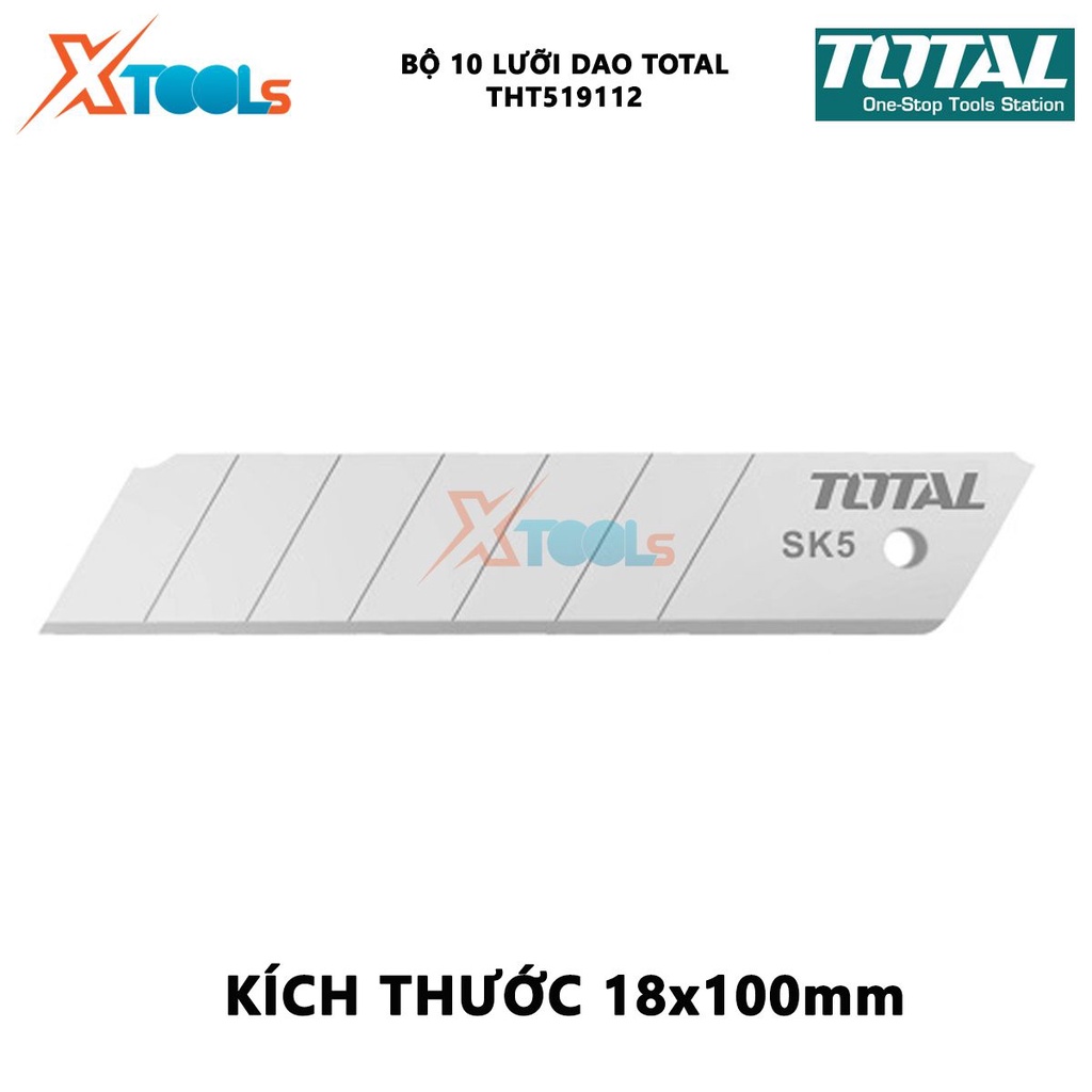 Bộ 10 lưỡi dao rọc giấy TOTAL THT519112 | Bộ lưỡi dao rọc giấy Size: 18x100mm, dùng để rọc giấy, cắt bìa carton, v.v.  [