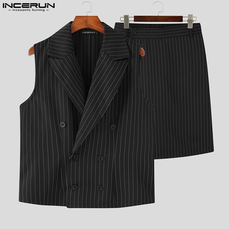 INCERUN Áo Ghi Lê Không Tay Kẻ Sọc + Quần Short Giả Váy Phong Cách Retro Cho Nam