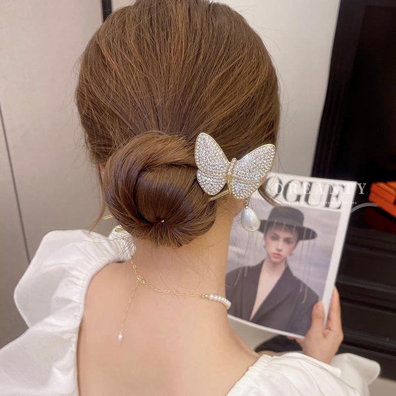 Trâm Cài Tóc Hình Bướm Đính Đá Ngọc Trai Phong Cách Trung Hoa Đơn Giản Thời Trang Mới