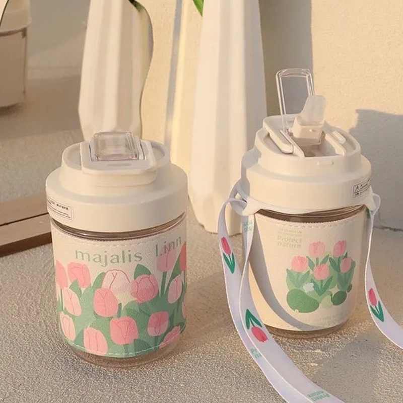 Bình Nước Thủy Tinh Dung Tích Lớn 400/500ML Họa Tiết Hoa Tulip Dễ Thương
