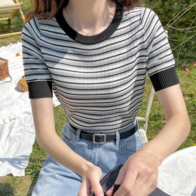 Áo Dệt Kim Tay Ngắn Hoạ Tiết Kẻ Sọc Phong Cách Hàn Quốc | BigBuy360 - bigbuy360.vn