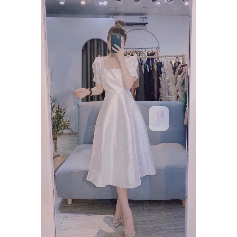 Váy Thiết Kế Xòe a thiết kế hàn quốc, Váy xòe a trắng cổ vuông tay bồng, nơ lưng cá tính V03