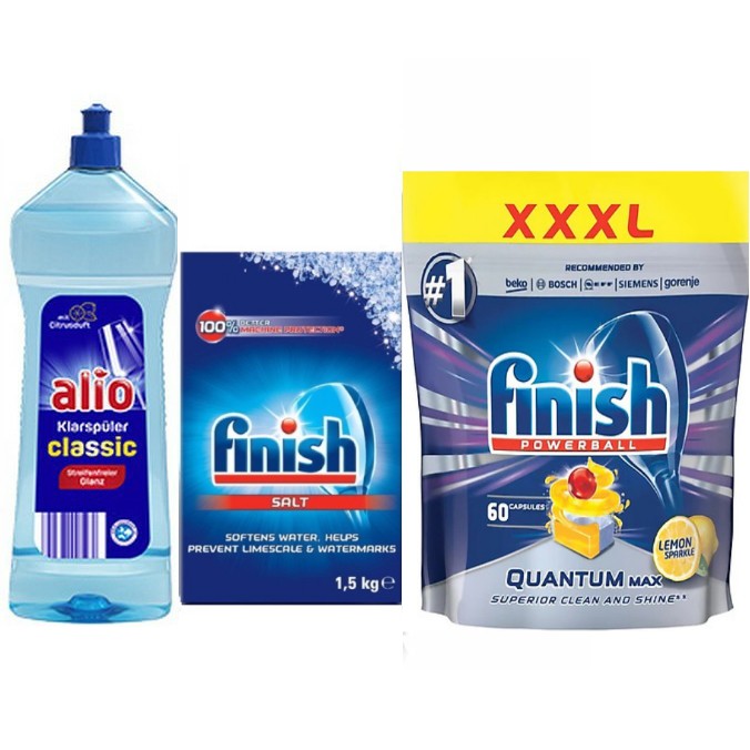 combo 60 viên finish quantum max + muối finish 1.5kg + Nước làm bóng alio 1 lít dùng cho máy rửa bát