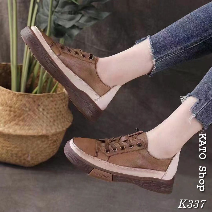 Giày Thể Thao Sneaker Nữ - Da Thật Dây Trang Trí Tiện Sử Dụng - Dáng Converse - 2 Màu Nâu Đậm Nâu Nhạt - KATO Shop K337