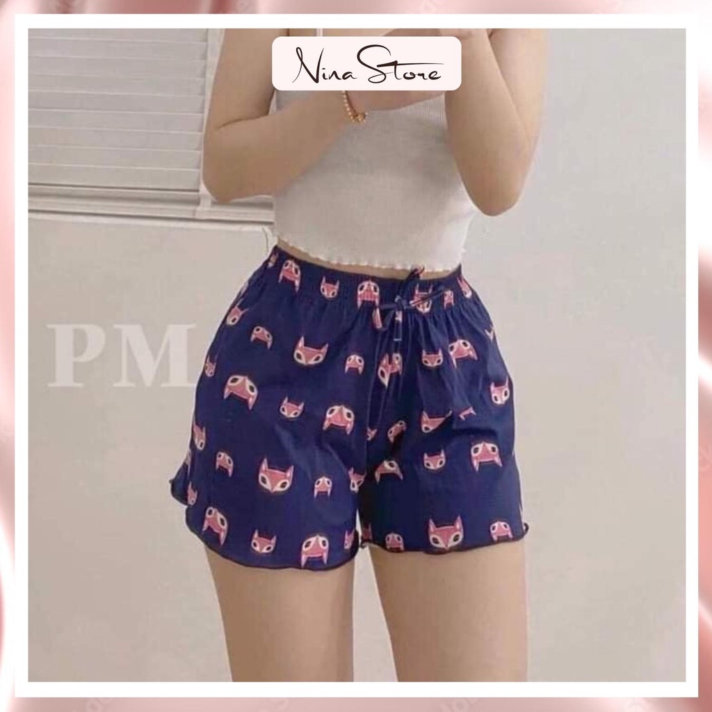 Quần đùi nữ chất cotton, quần short nữ mặc nhà cạp chun thoáng mát họa tiết hoạt hình NinaStore