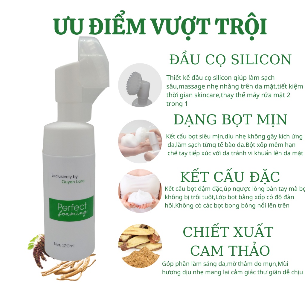 Sữa Rửa Mặt Tạo Bọt Pefect Foaming QUYÊN LARA Làm Sạch Sâu-Mờ Thâm-Sáng Da-Thải Độc Tố Mùi Hương Dịu Nhẹ 120ml