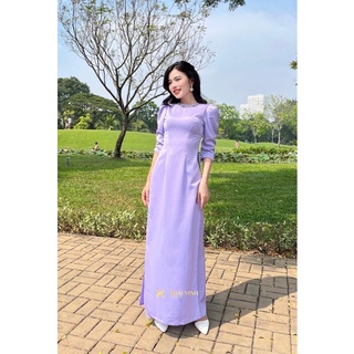 Áo dài lụa tây thi màu tím cà cổ tròn tay bồng kết cổ