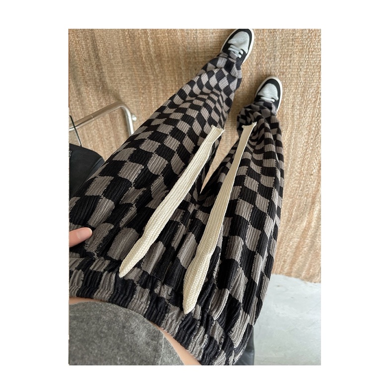 Quần Dài Ống Rộng Lưng Cao Họa Tiết Sọc Caro Trắng Đen Thời Trang Xuân Hè Cho Nữ