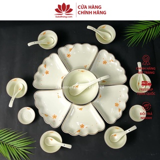 Bộ bát đĩa hoa mặt trời, bộ bát đĩa thờ cúng men kem sứ Bát Tràng vẽ mai vàng