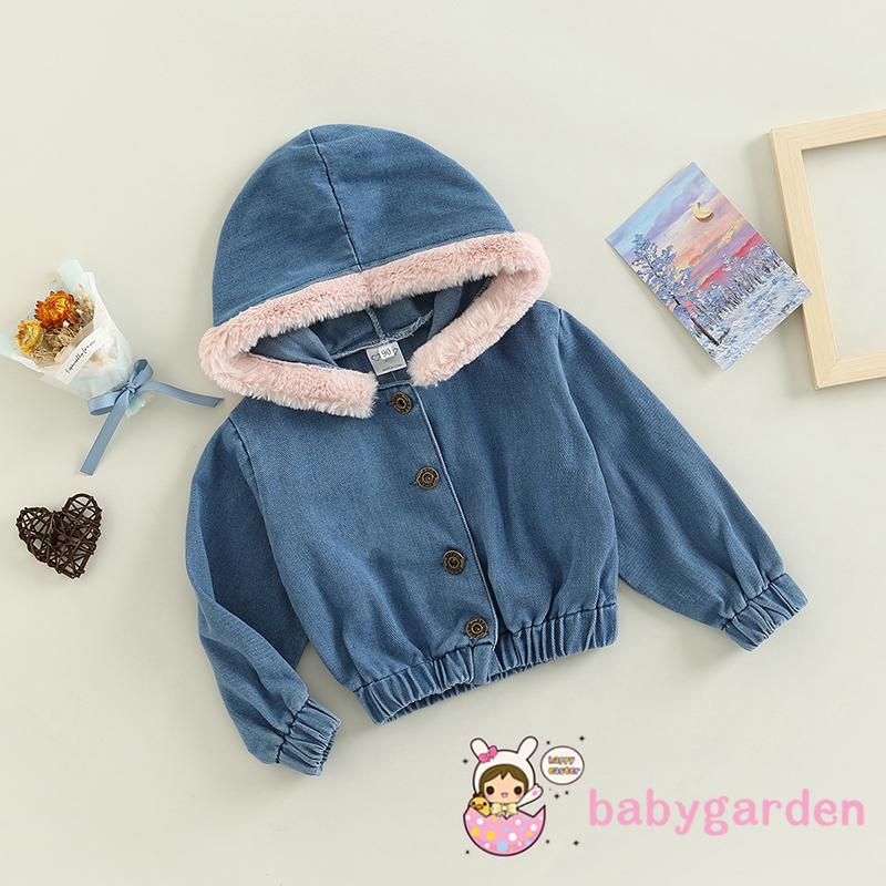 Áo Khoác Jean Có Nón Tay Dài Cài Nút Màu Trơn Thời Trang Thu Đông Dành Cho Bé Gái 1-6 Tuổi