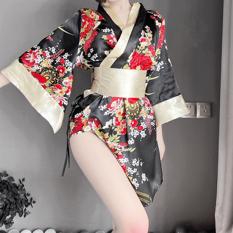 Đồ ngủ Dáng Dài Vải Voan In Hoa Kiểu Kimono Nhật Bản Dễ Thương Cho Bạn Gái