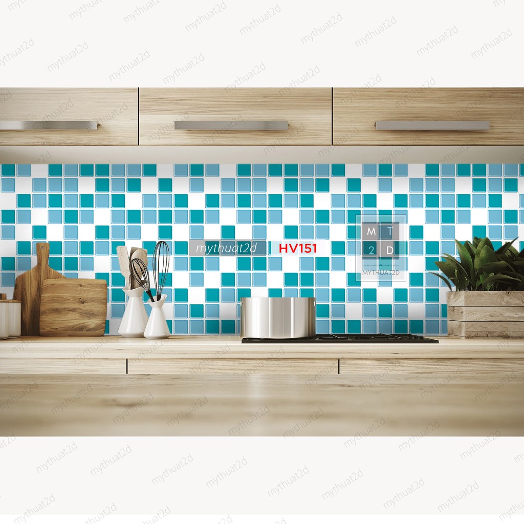 Cuộn 2 mét dài Decal gạch bông Mosaic màu xanh dán bếp dán tường, nhà tắm_kt 200x60cm