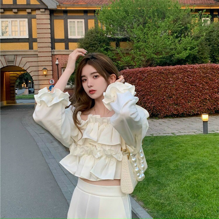 Áo trắng trễ vai nhún tầng KÈM ẢNH THẬT  BAO KIỂM ❌