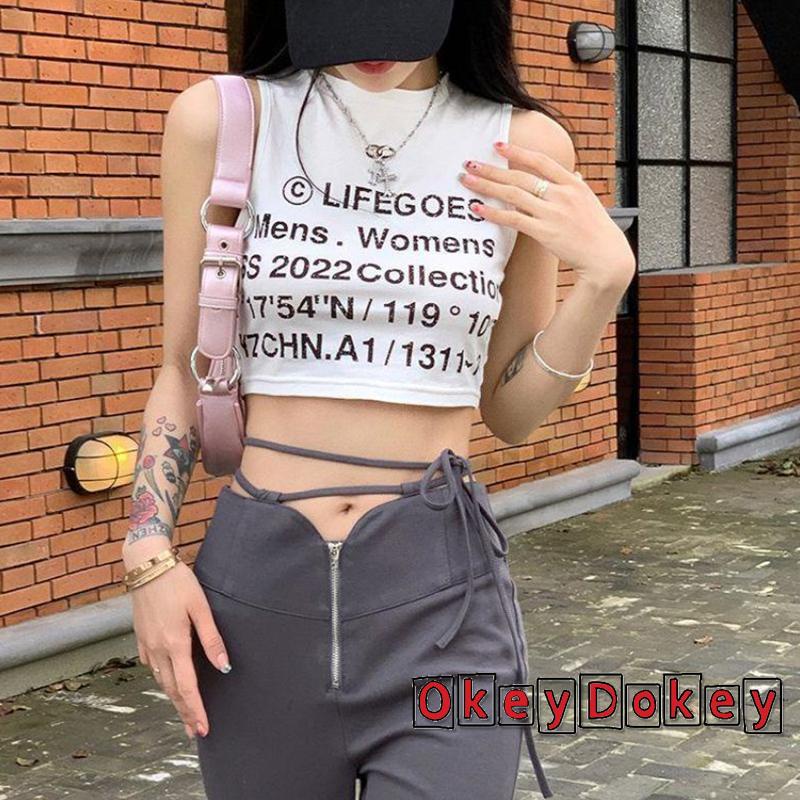 Áo Croptop Ôm Dáng Không Tay Cổ Tròn In Họa Tiết Chữ Thời Trang Mùa Hè Cho Nữ