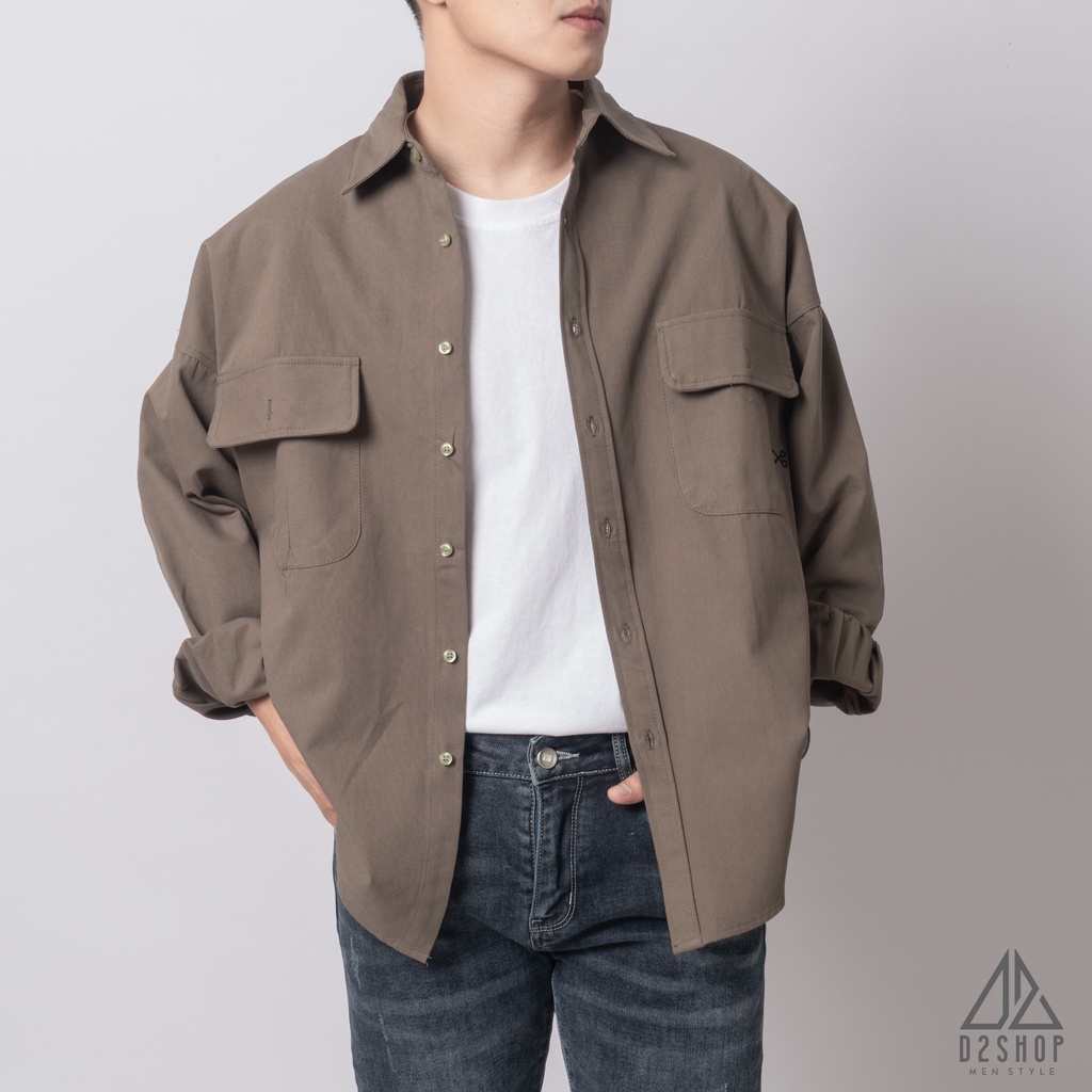 Áo sơ mi D2shop, áo khoác sơ mi nam dài tay túi hộp, màu rêu [SM380]