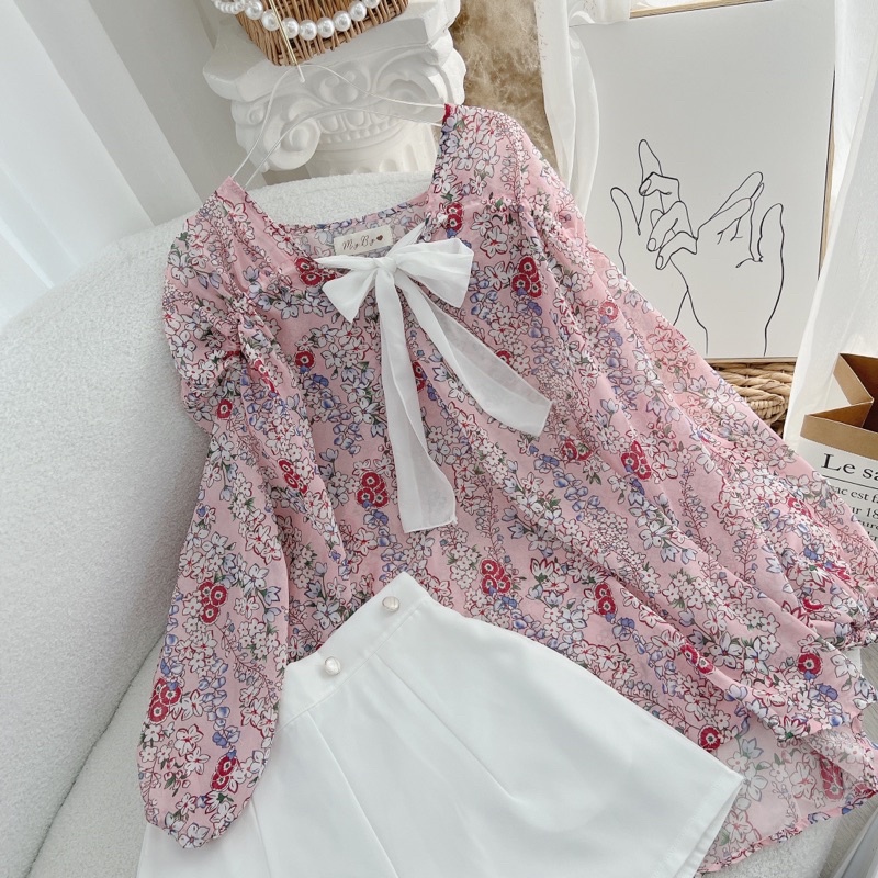 SET ÁO BBD HOA THẮT NƠ TRẮNG + QUẦN SHORT