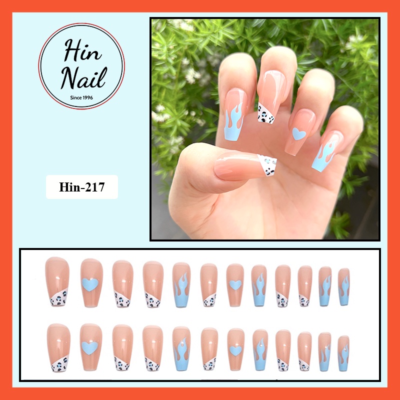 Móng tay giả form dài tone màu xanh hin nail kèm keo