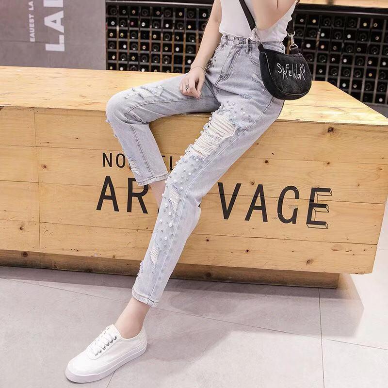 Seluar Quần Jean Dài Chín Tấc Mỏng Đính Hạt Ngọc Trai Phối Rách Thời Trang Mùa Hè Dễ Phối Đồ Cho Nữ
