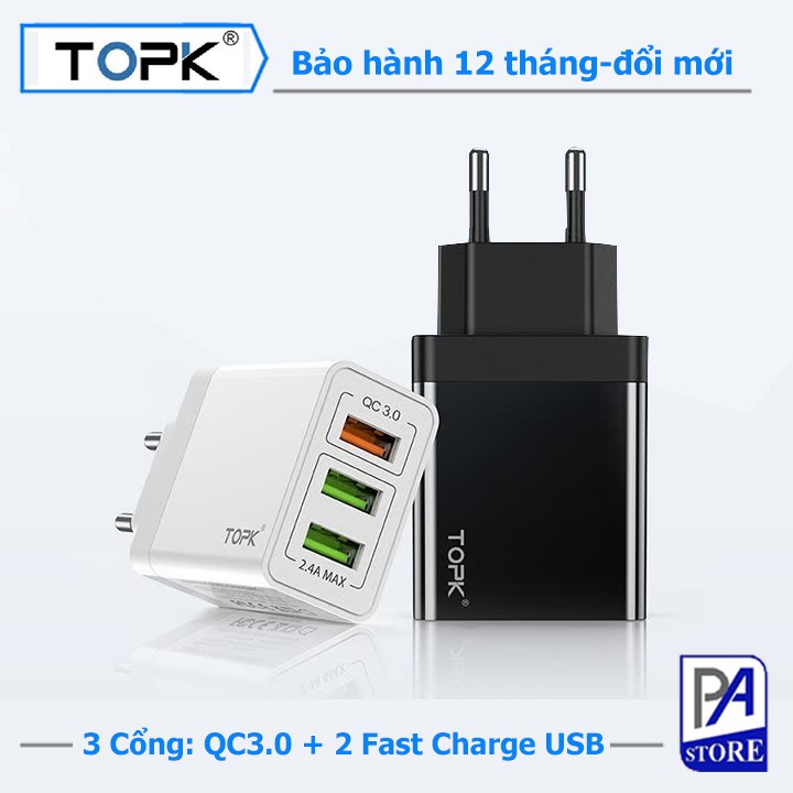 Củ Sạc Nhanh TOPK QC 3.0 (Quick Charge 3.0) - 3 Cổng USB - Tiêu Chuẩn Châu Âu