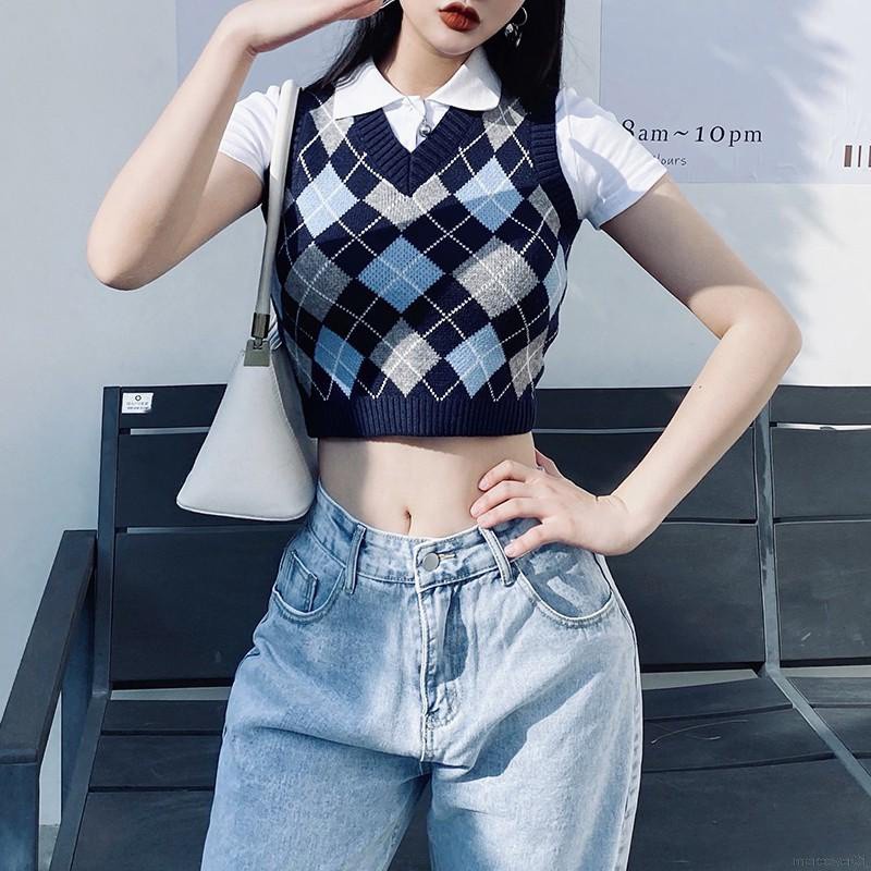 Áo Croptop Dệt Kim Không Tay Cổ Chữ V Họa Tiết Sọc Caro Màu Sắc Tương Phản Thời Trang Cho Nữ | BigBuy360 - bigbuy360.vn
