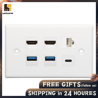 Welcomehome 6 Port Wall Plate 2xHD Multimedia Interface 2xUSB3.0 1xType C 1xCat6 Ethernet for TV Projector Computer