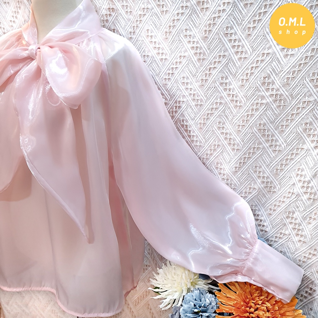 Áo sơ mi voan tơ tay bo phồng cổ thắt nơ thời trang thanh lịch