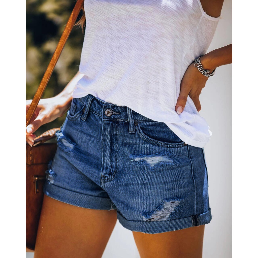 Quần Short Denim Lưng Cao Phối Nút Thời Trang Đường Phố Cá Tính Cho Nữ