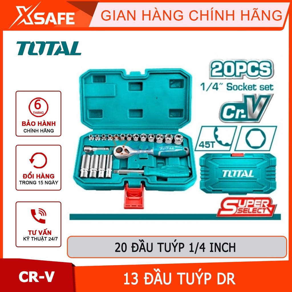 Bộ đầu tuýp 20 chi tiết TOTAL THT141201 | bộ tuýp 1/4'' dùng để mở bu long đai ốc trong việc tháo lắp, sửa chữa - XSAFE