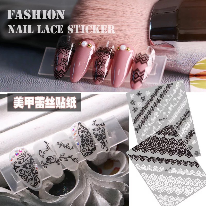 Nail Sticker Ren Hoa Đen Trắng Dán Móng Tay Rất Đẹp Theo Phong Cách Mới - Lẻ 1 Cái