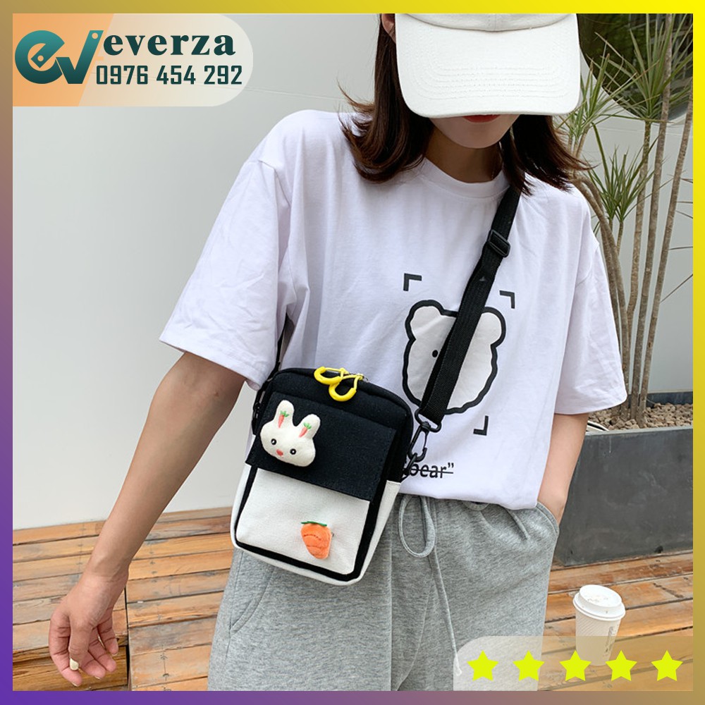 Túi Đeo Chéo Vải Canvas Mini Cho Nữ Kèm Phụ Kiện Siêu Dễ Thương Cute Đi Học Đi Chơi Phong Cách Hàn Quốc