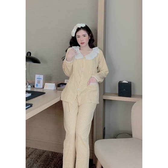 Bộ bầu và sau sinh,  dài tay kẻ, cổ sen ren siêu xinh, có khoá kéo cho bé ti (45-70kg) A001