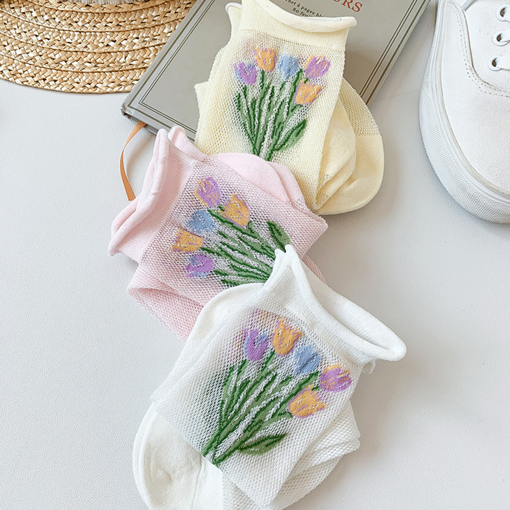 Đôi tất cotton màu trơn trang trí hoa thêu xinh xắn cho nữ