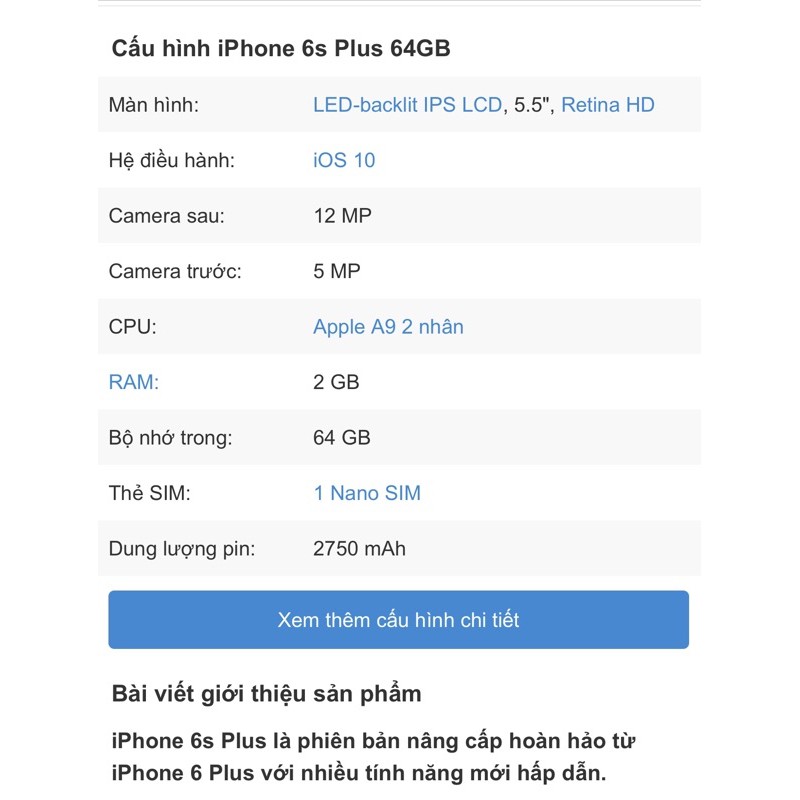 Điện thoại iPhone 6sPlus(2/64GB)Quốc tế, cũ mất vân - Hàng chính hãng